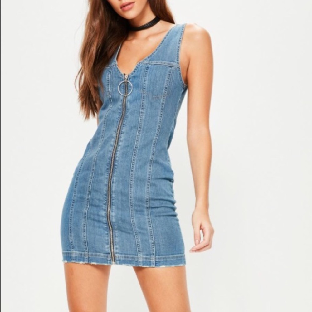 Blue zip denim mini dress